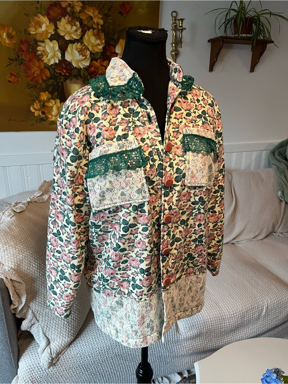 Vintage Soft Fleece Floral Quilted Jacket Lace Trim Size Medium